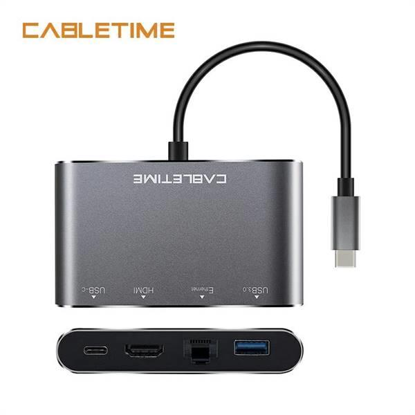 HUB CABLETIME 4IN1 DA USB-C A HDMI+RJ45+USB3.0+USB-C 0.15M